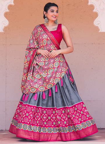 Grey And Pink Dola Silk Foil Printed Work Lehenga Choli